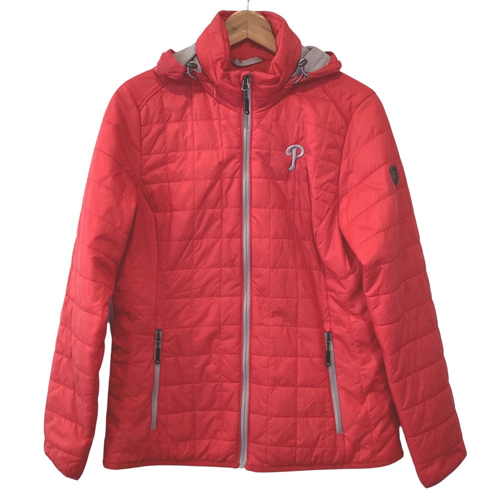 Phillies Cutter & Buck Womens Red Quilted WeatherTec Hooded Puffer Jacket Large